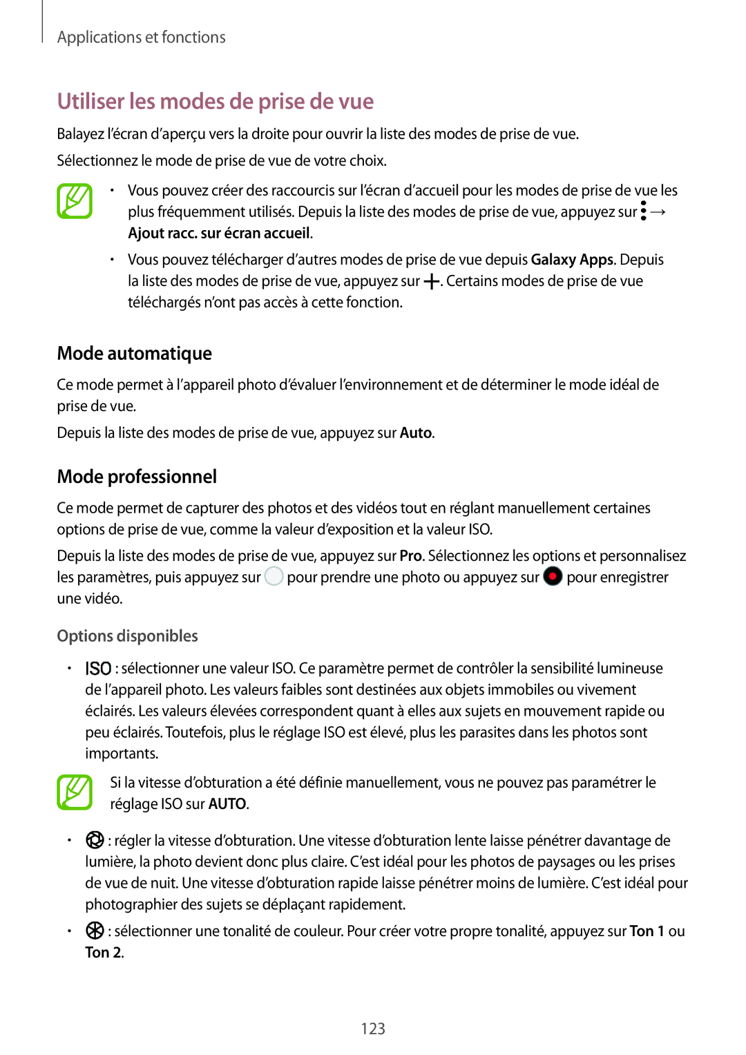 Samsung SM-N950FZKDXEF manual Utiliser les modes de prise de vue, Mode automatique, Mode professionnel, Options disponibles 