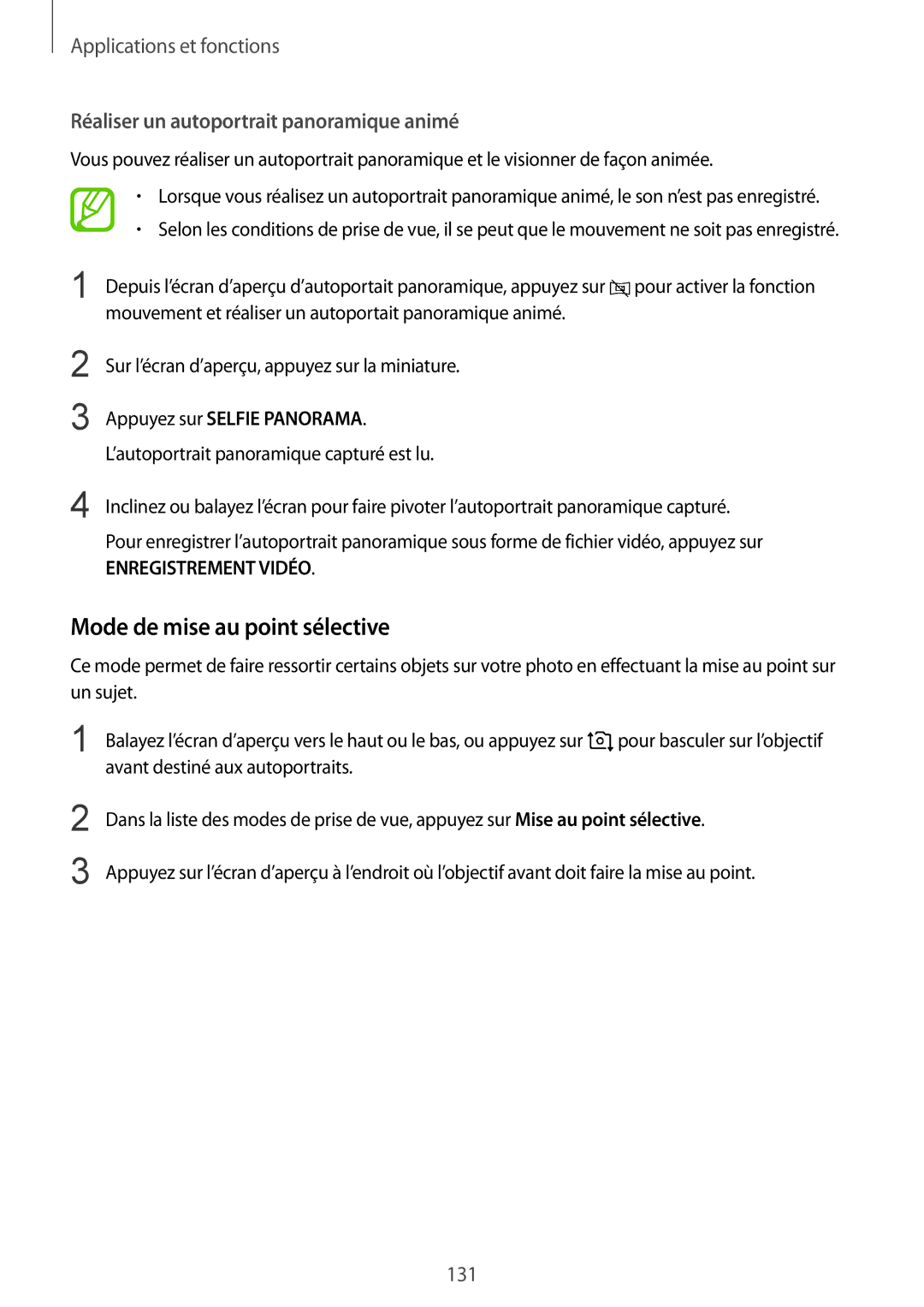 Samsung SM-N950FZKDXEF, SM-N950FZBAXEF manual Mode de mise au point sélective, Réaliser un autoportrait panoramique animé 