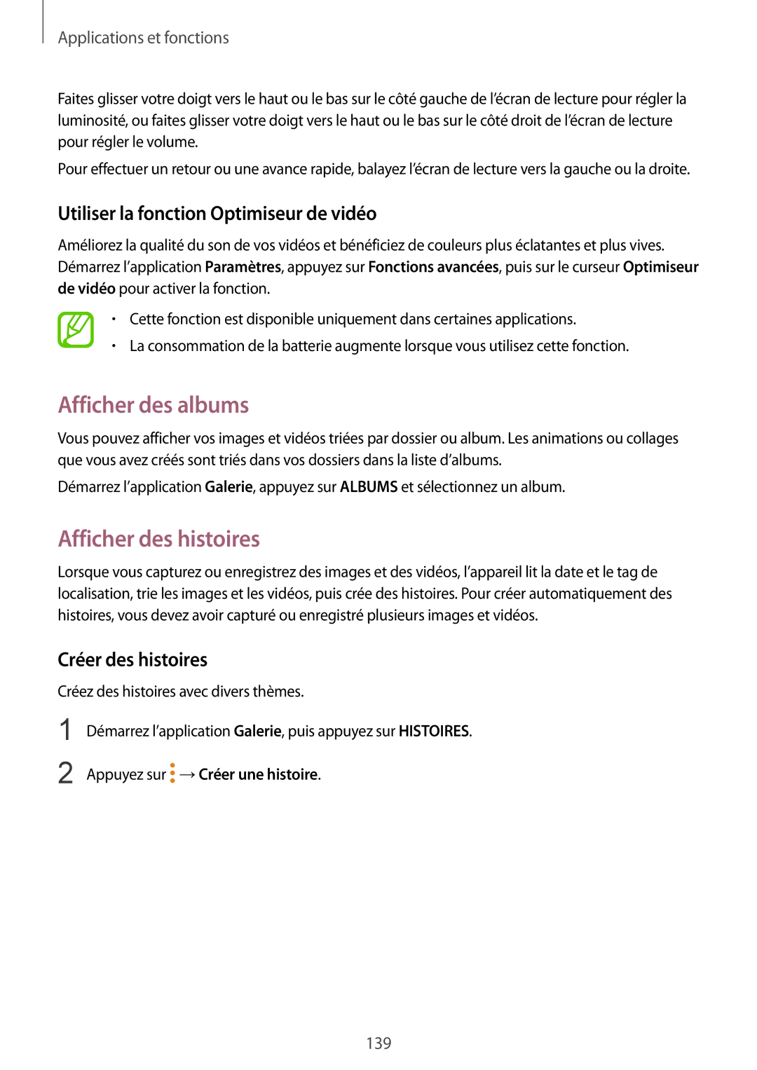 Samsung SM-N950FZKDXEF manual Afficher des albums, Afficher des histoires, Utiliser la fonction Optimiseur de vidéo 