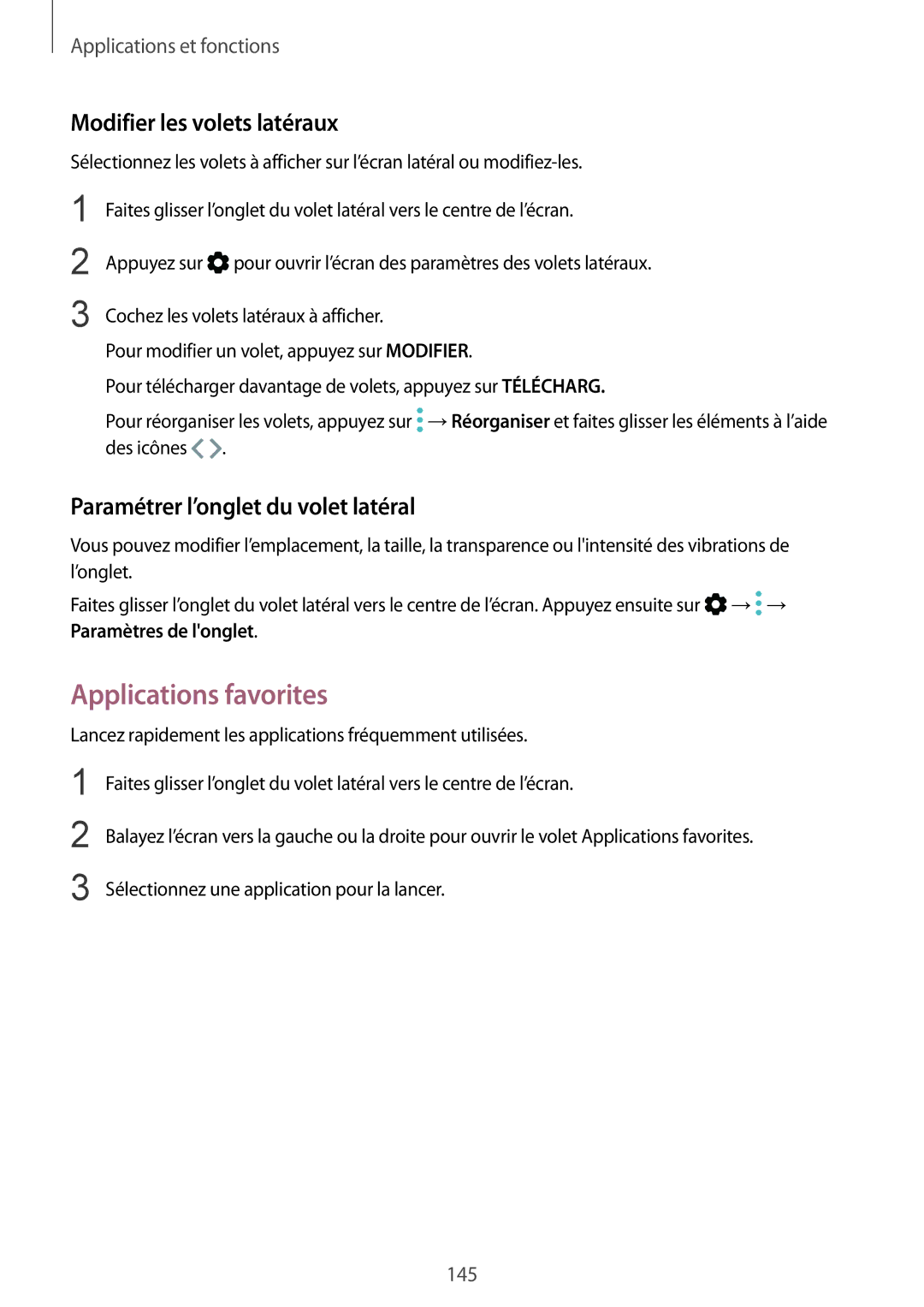 Samsung SM-N950FZDAXEF manual Applications favorites, Modifier les volets latéraux, Paramétrer l’onglet du volet latéral 