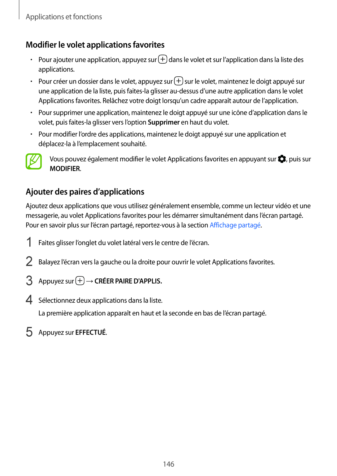 Samsung SM-N950FZKAXEF, SM-N950FZBAXEF manual Modifier le volet applications favorites, Ajouter des paires d’applications 