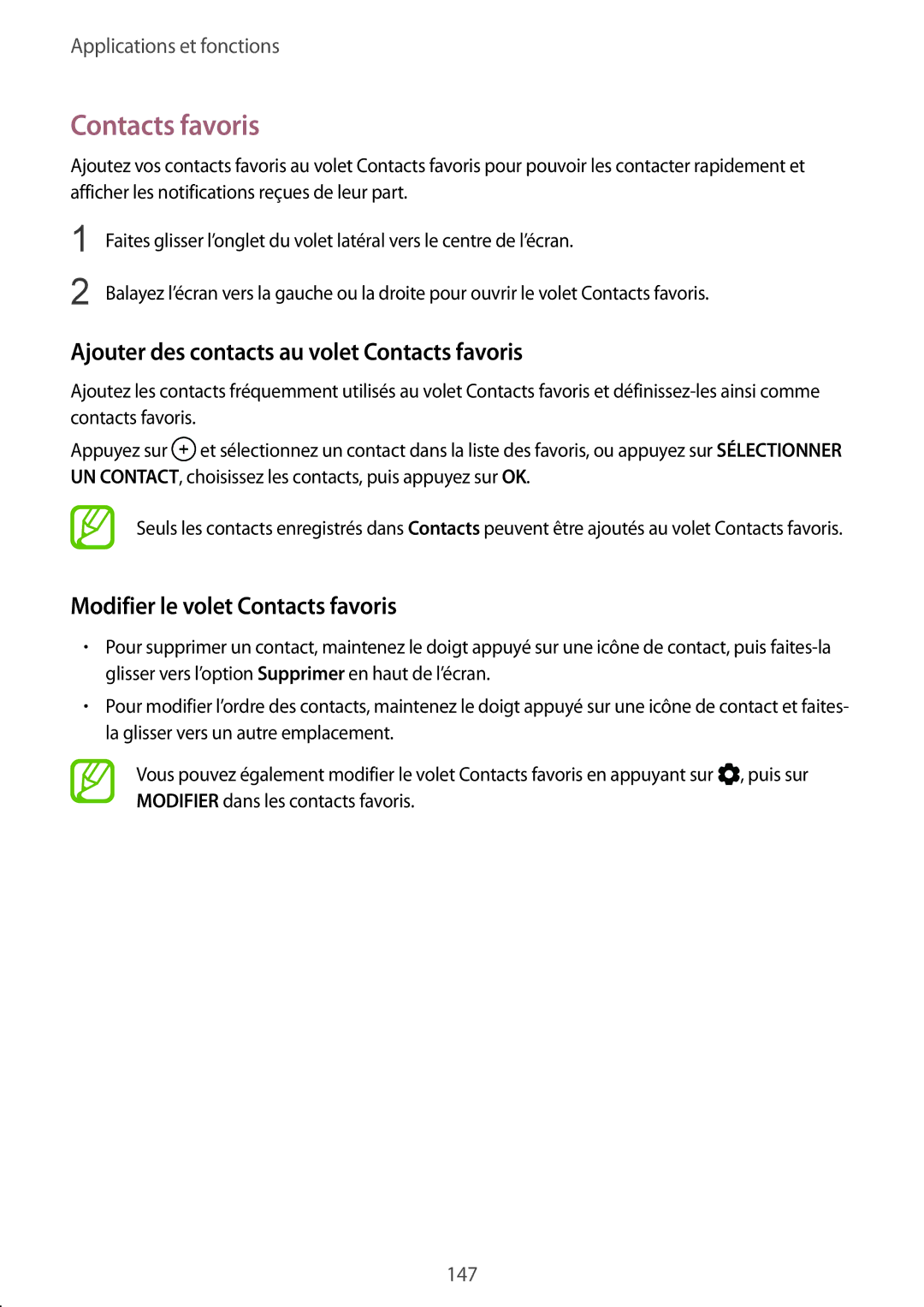 Samsung SM-N950FZKDXEF manual Ajouter des contacts au volet Contacts favoris, Modifier le volet Contacts favoris 