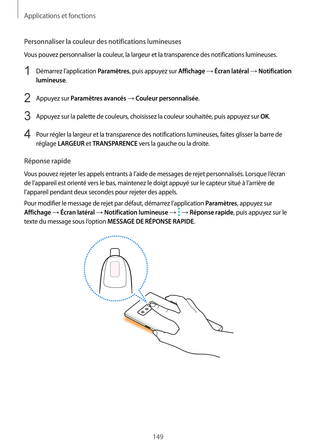 Samsung SM-N950FZDAXEF, SM-N950FZBAXEF manual Personnaliser la couleur des notifications lumineuses, Réponse rapide 