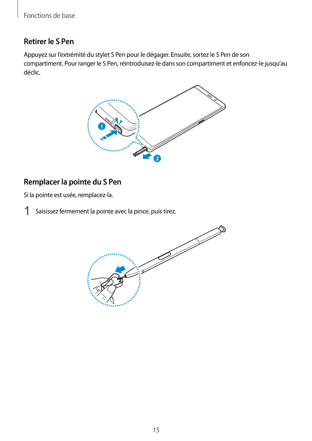 Samsung SM-N950FZKDXEF, SM-N950FZBAXEF, SM-N950FZDAXEF, SM-N950FZKAXEF manual Retirer le S Pen, Remplacer la pointe du S Pen 