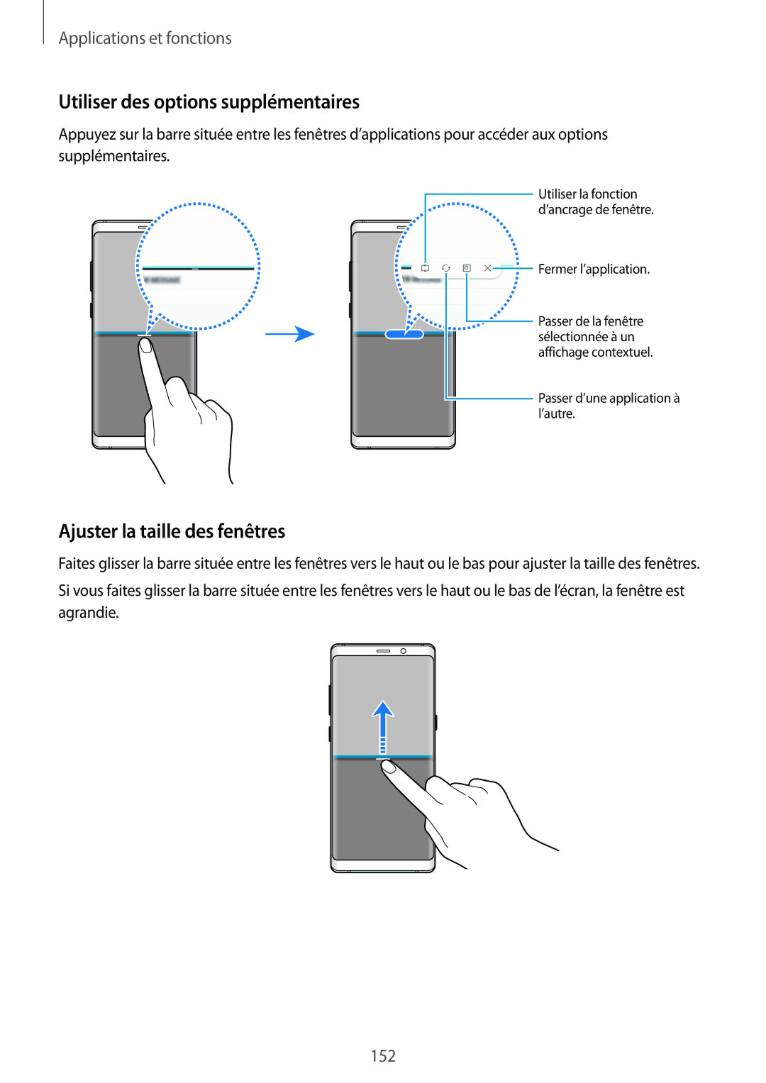 Samsung SM-N950FZBAXEF, SM-N950FZDAXEF, SM-N950FZKAXEF Utiliser des options supplémentaires, Ajuster la taille des fenêtres 