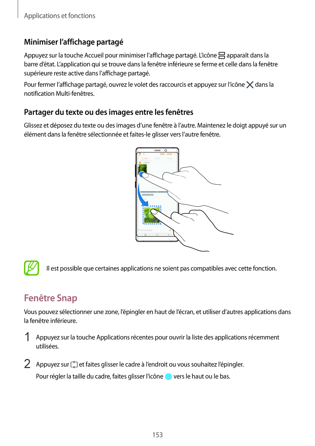 Samsung SM-N950FZDAXEF Fenêtre Snap, Minimiser l’affichage partagé, Partager du texte ou des images entre les fenêtres 