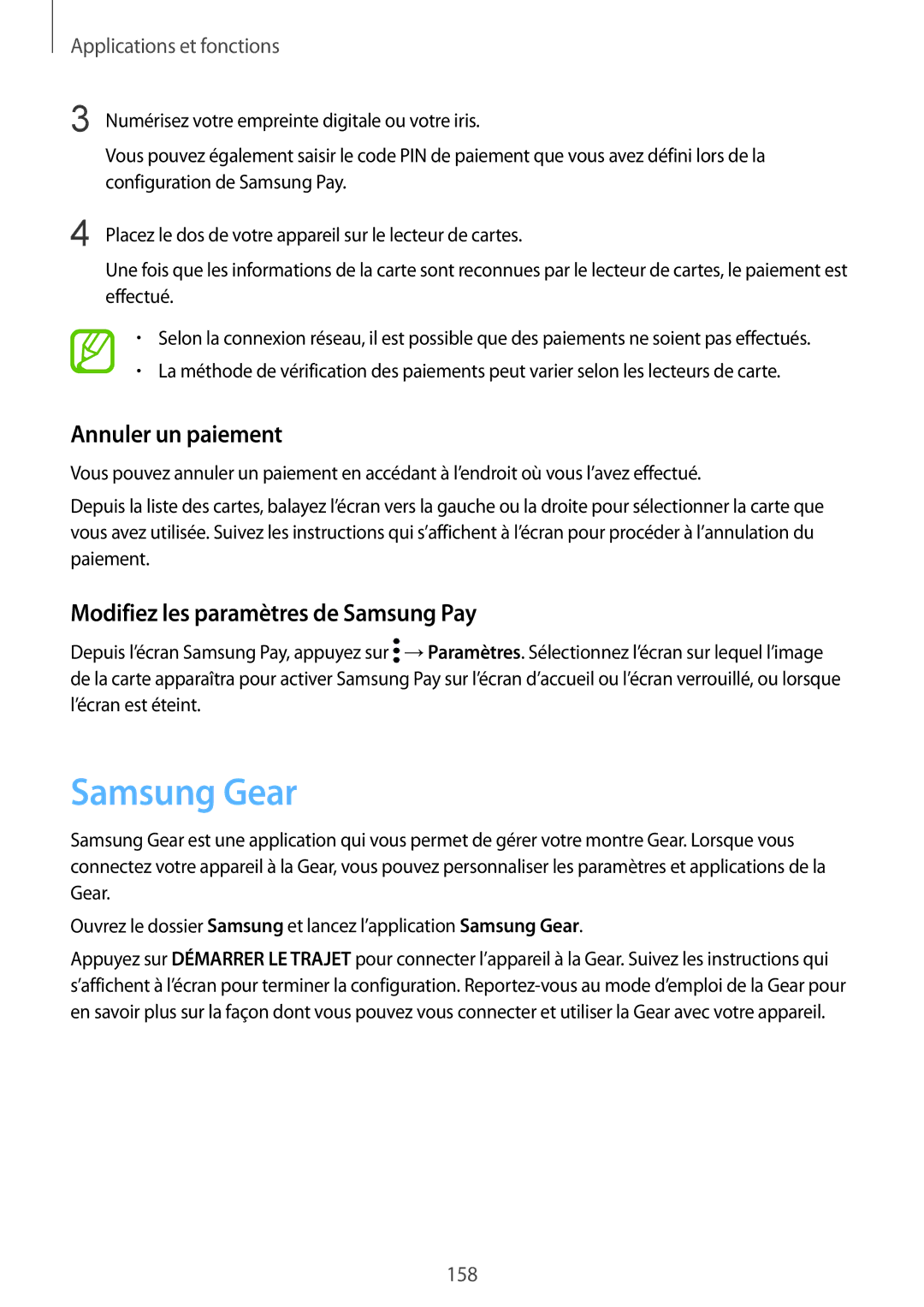 Samsung SM-N950FZKAXEF, SM-N950FZBAXEF manual Samsung Gear, Annuler un paiement, Modifiez les paramètres de Samsung Pay 