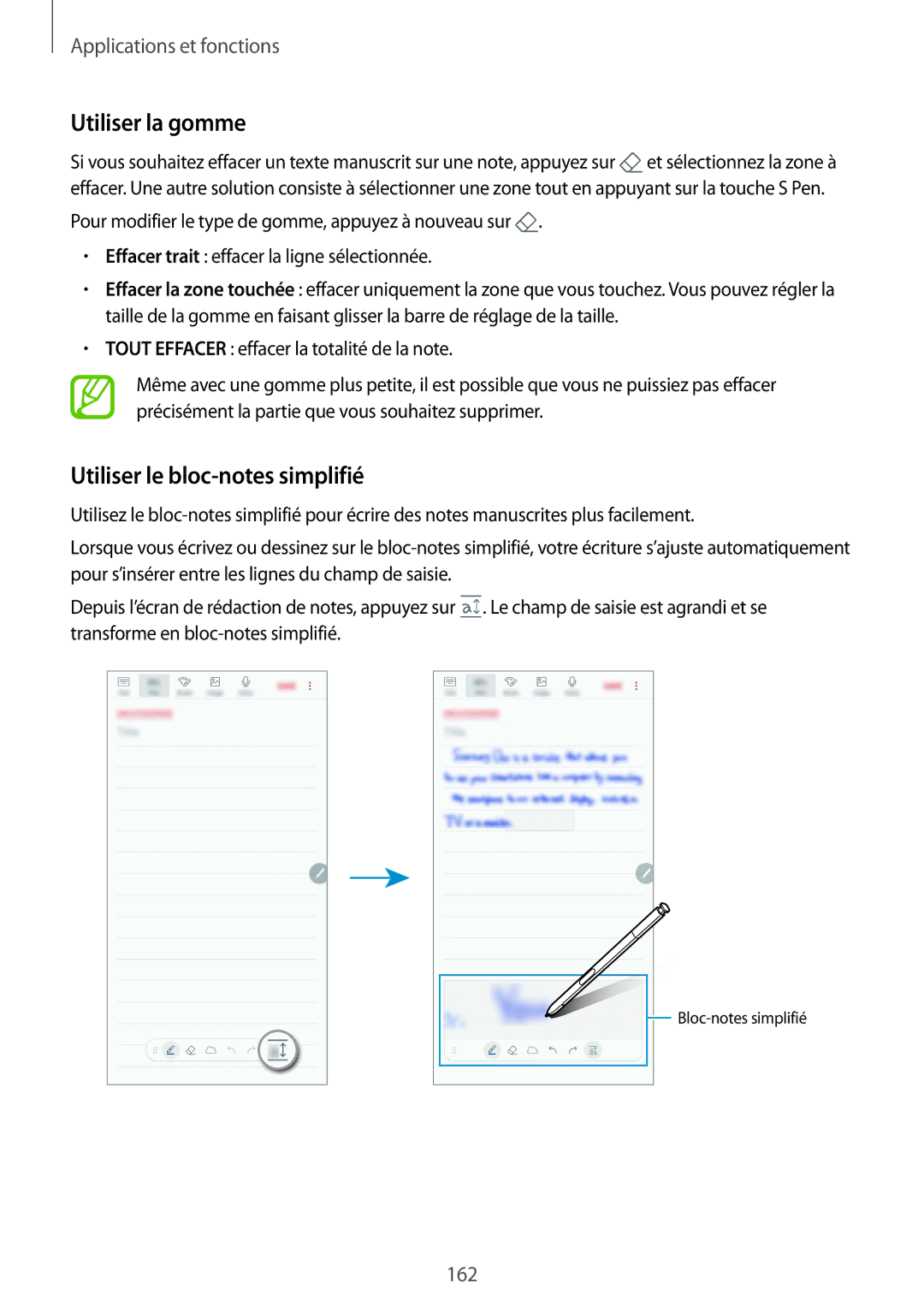 Samsung SM-N950FZKAXEF, SM-N950FZBAXEF, SM-N950FZDAXEF, SM-N950FZKDXEF Utiliser la gomme, Utiliser le bloc-notes simplifié 