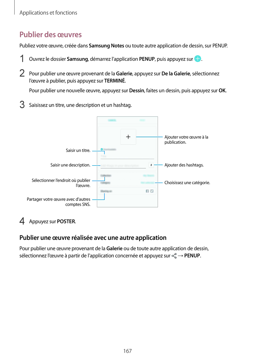 Samsung SM-N950FZKDXEF, SM-N950FZBAXEF manual Publier des œuvres, Publier une œuvre réalisée avec une autre application 