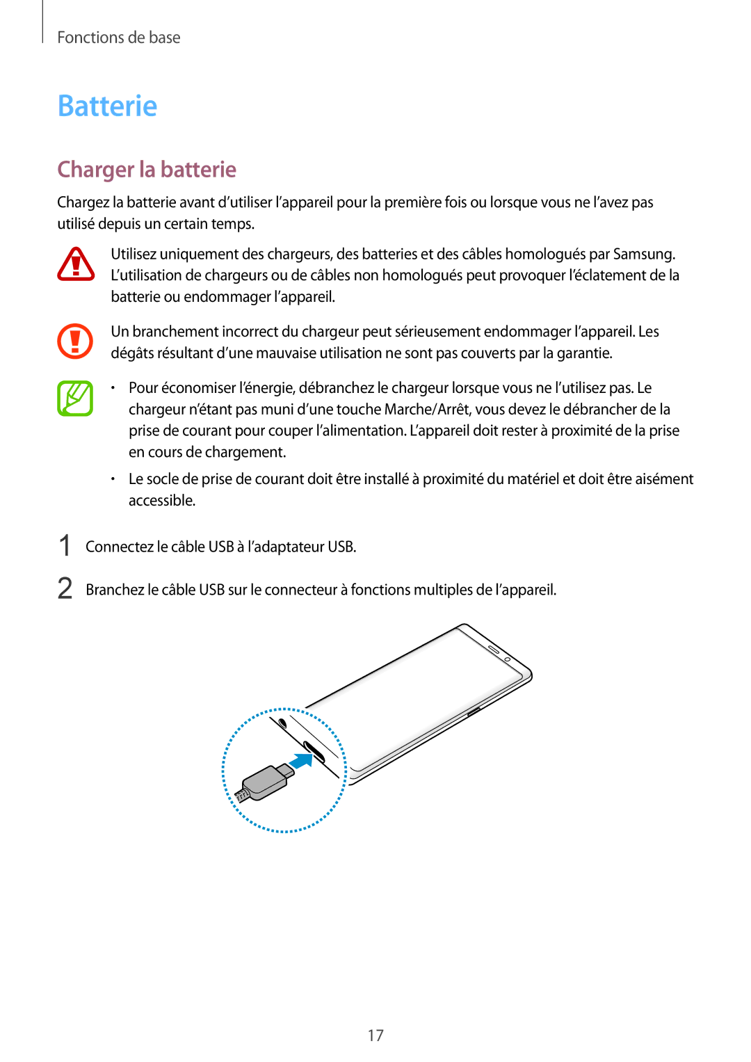 Samsung SM-N950FZDAXEF, SM-N950FZBAXEF, SM-N950FZKAXEF, SM-N950FZKDXEF manual Batterie, Charger la batterie 