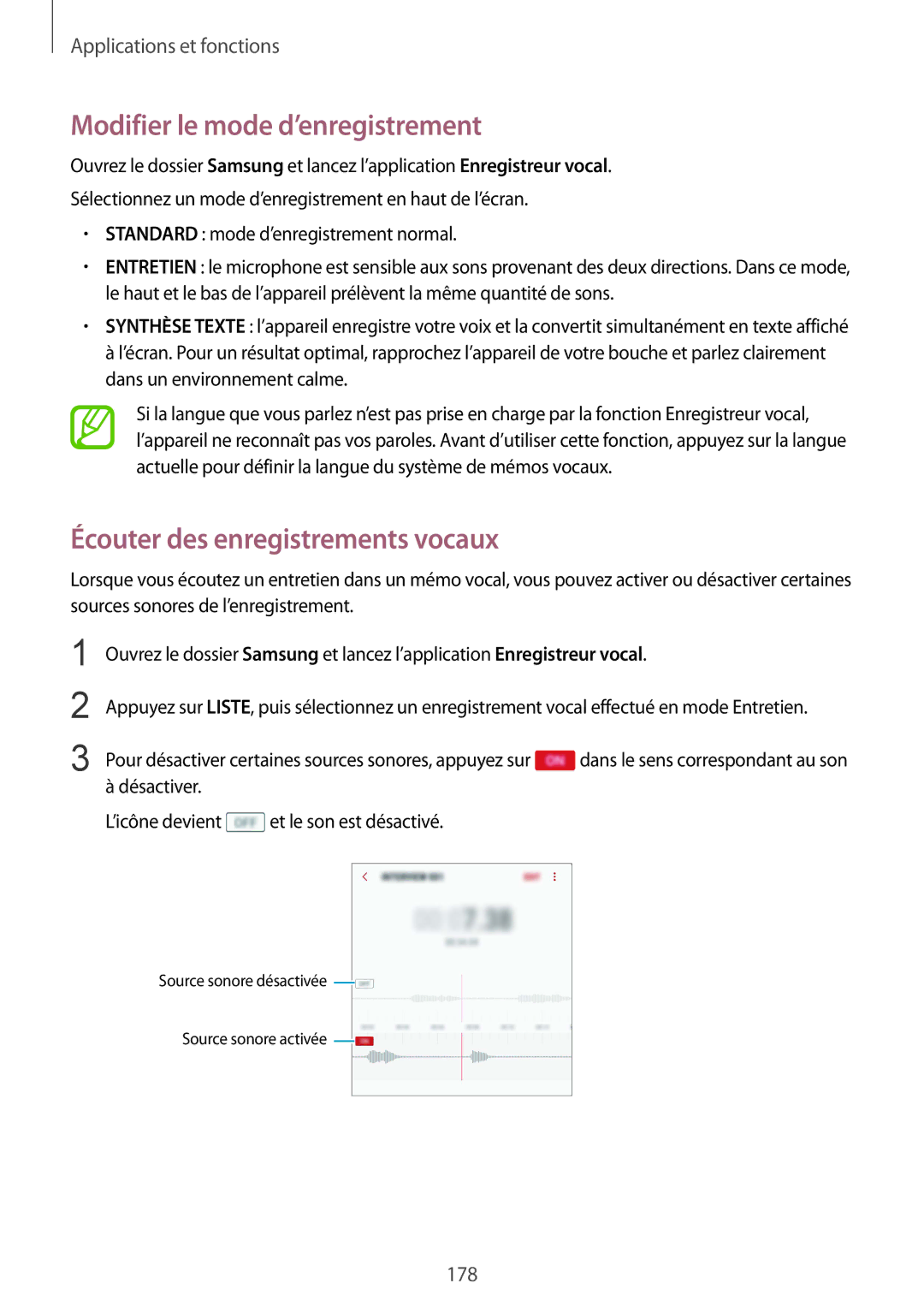 Samsung SM-N950FZKAXEF, SM-N950FZBAXEF manual Modifier le mode d’enregistrement, Écouter des enregistrements vocaux 