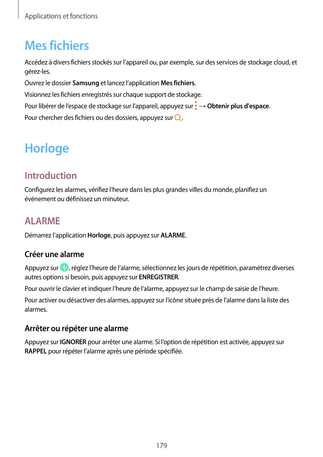 Samsung SM-N950FZKDXEF, SM-N950FZBAXEF manual Mes fichiers, Horloge, Créer une alarme, Arrêter ou répéter une alarme 