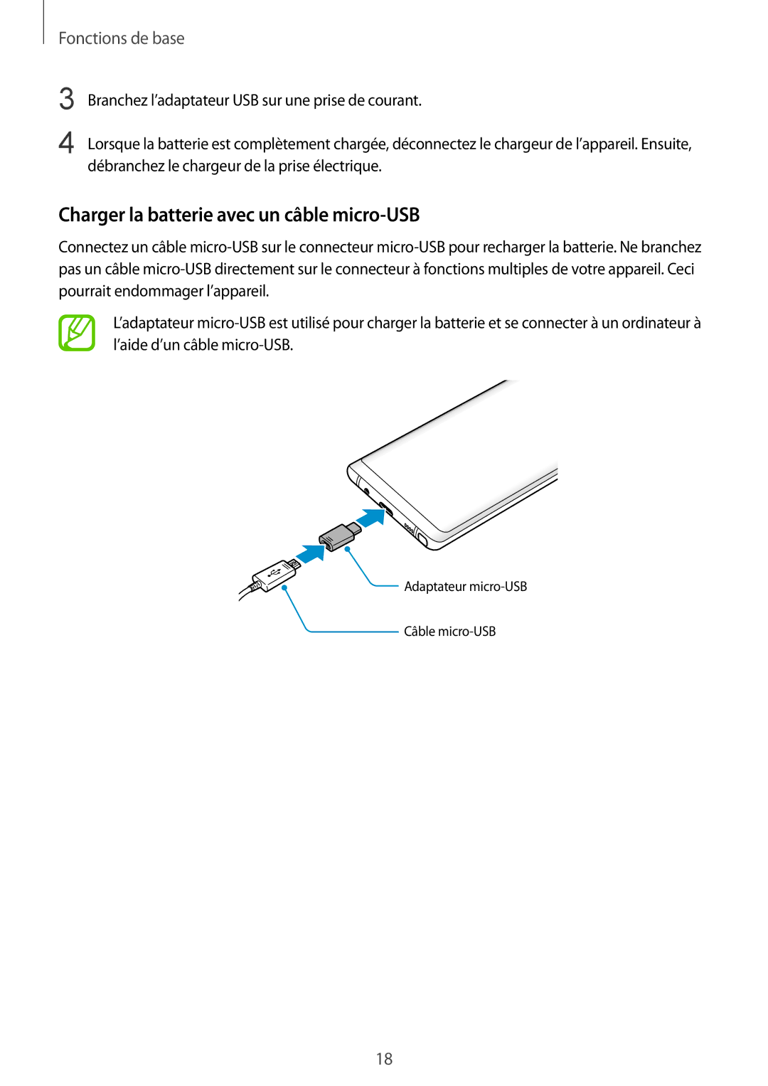 Samsung SM-N950FZKAXEF, SM-N950FZBAXEF, SM-N950FZDAXEF, SM-N950FZKDXEF manual Charger la batterie avec un câble micro-USB 