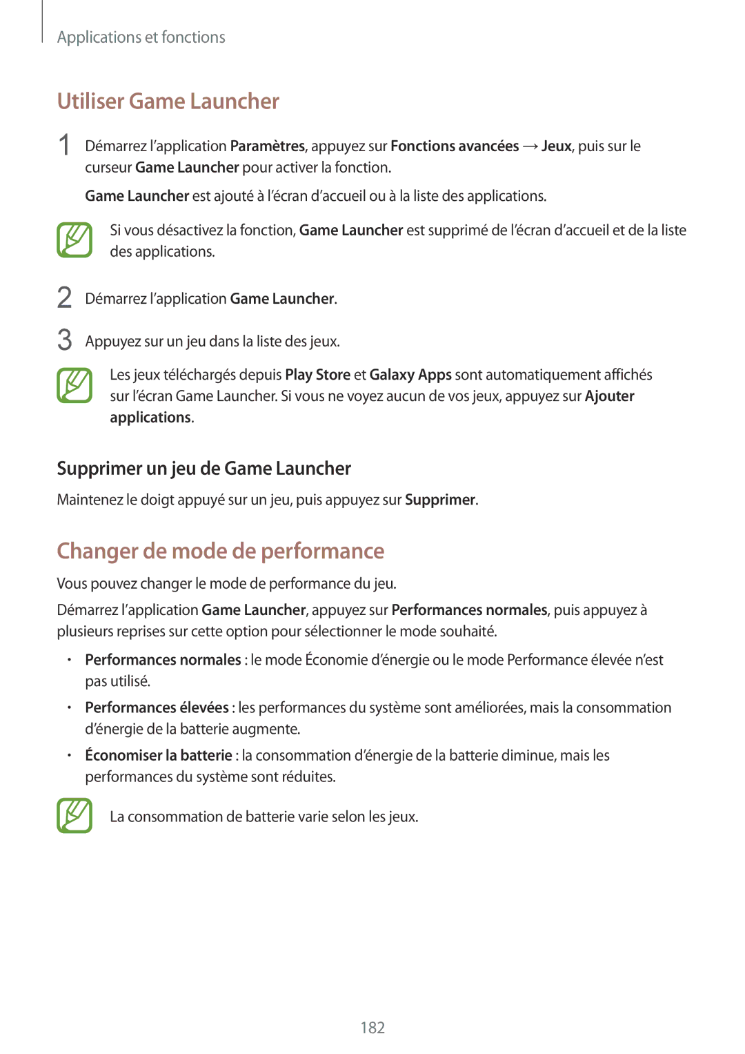 Samsung SM-N950FZKAXEF manual Utiliser Game Launcher, Changer de mode de performance, Supprimer un jeu de Game Launcher 