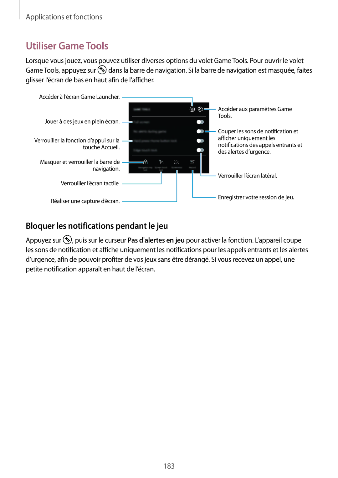 Samsung SM-N950FZKDXEF, SM-N950FZBAXEF, SM-N950FZDAXEF manual Utiliser Game Tools, Bloquer les notifications pendant le jeu 