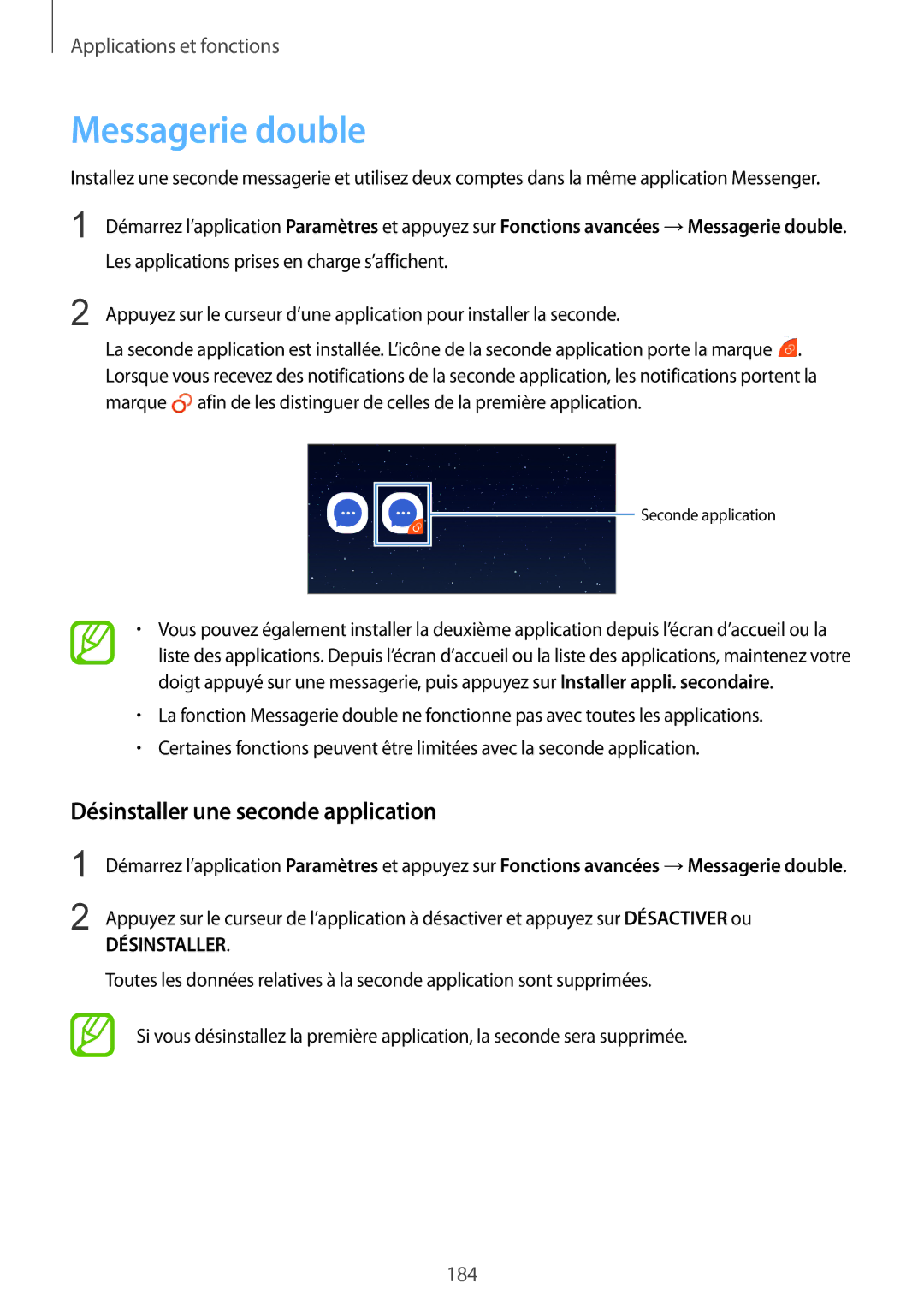 Samsung SM-N950FZBAXEF, SM-N950FZDAXEF, SM-N950FZKAXEF manual Messagerie double, Désinstaller une seconde application 