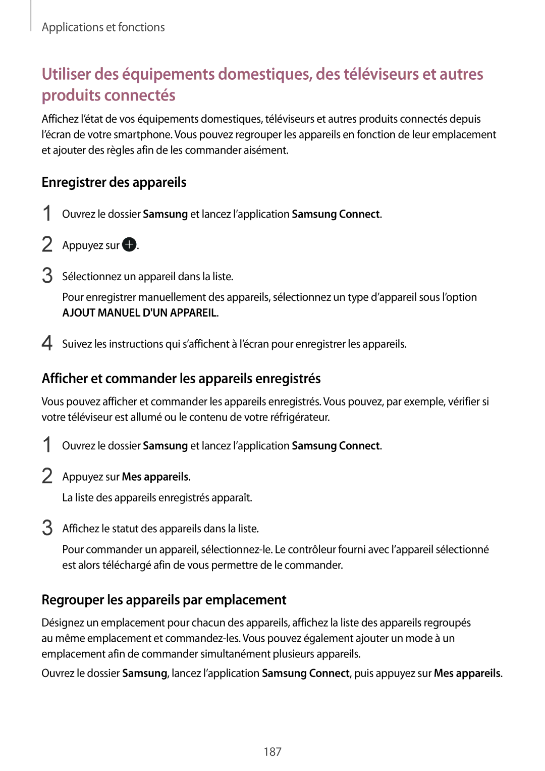 Samsung SM-N950FZKDXEF, SM-N950FZBAXEF manual Enregistrer des appareils, Afficher et commander les appareils enregistrés 