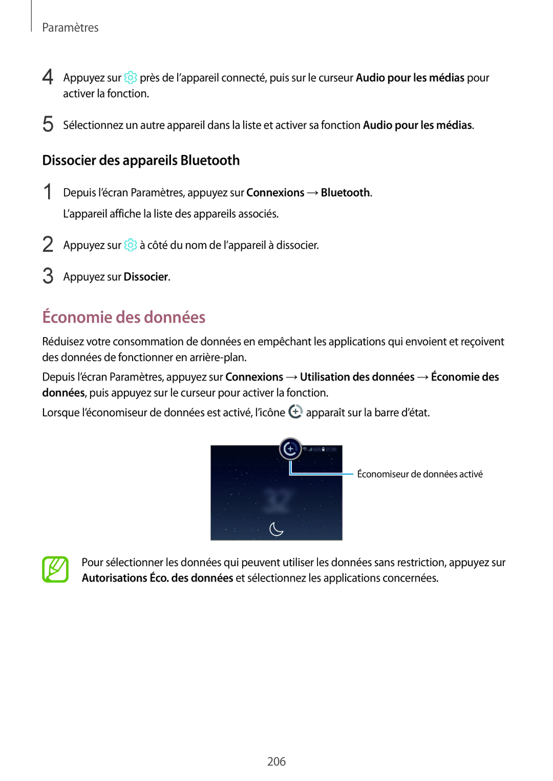 Samsung SM-N950FZKAXEF, SM-N950FZBAXEF, SM-N950FZDAXEF manual Économie des données, Dissocier des appareils Bluetooth 