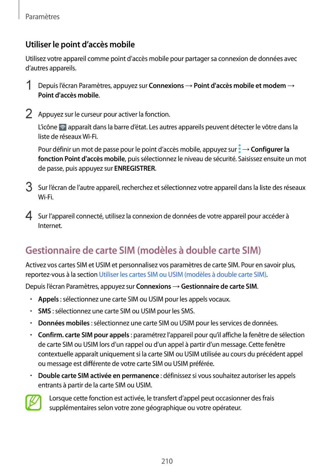 Samsung SM-N950FZKAXEF manual Gestionnaire de carte SIM modèles à double carte SIM, Utiliser le point d’accès mobile 