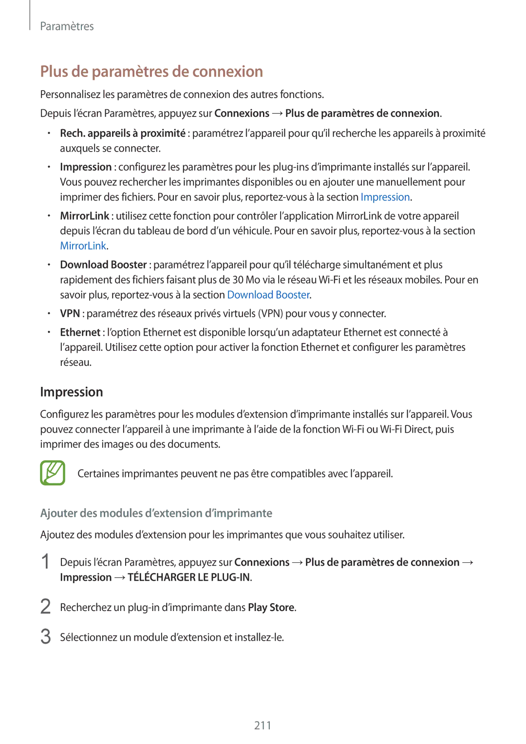 Samsung SM-N950FZKDXEF manual Plus de paramètres de connexion, Impression, Ajouter des modules d’extension d’imprimante 