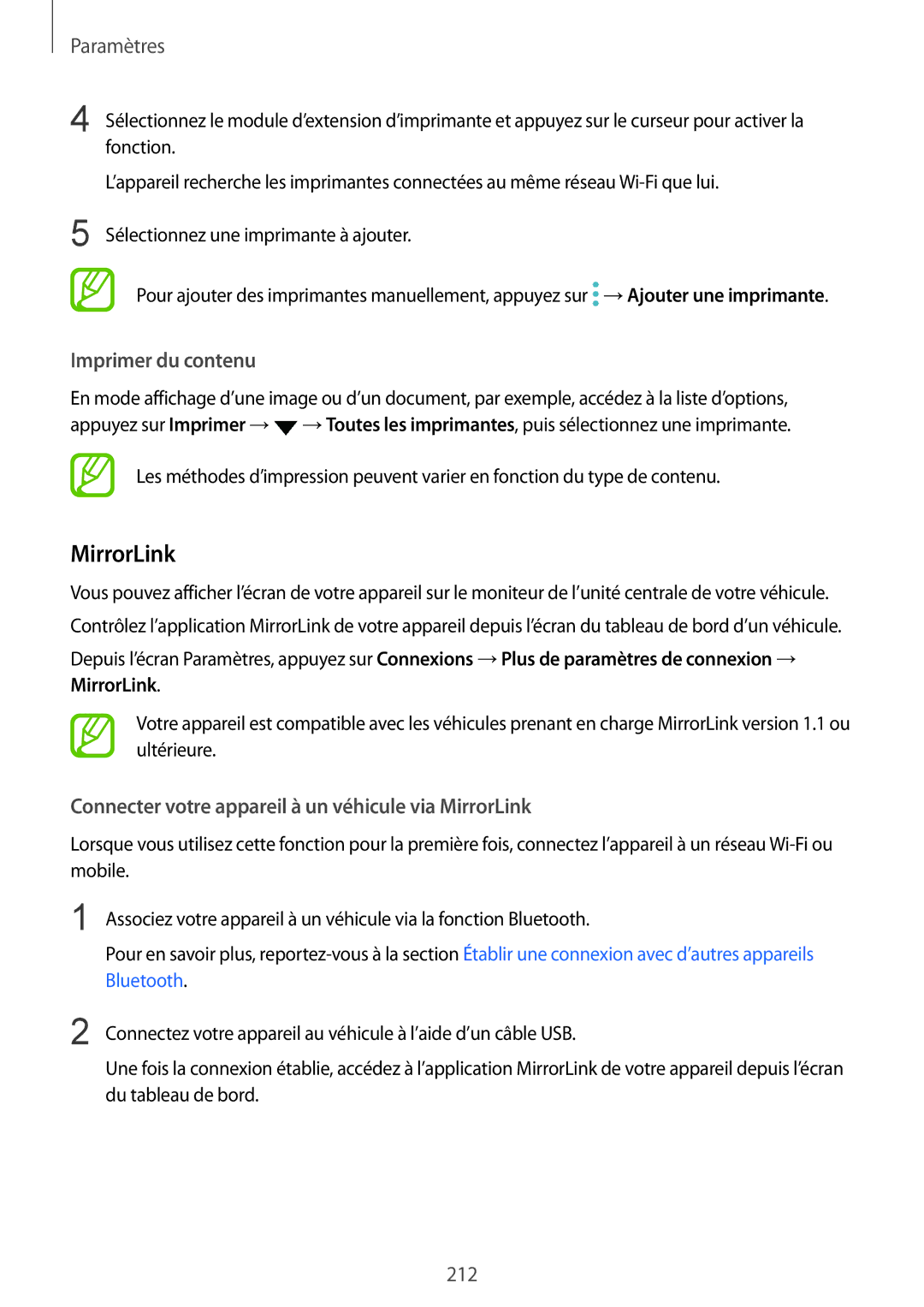 Samsung SM-N950FZBAXEF, SM-N950FZDAXEF manual Imprimer du contenu, Connecter votre appareil à un véhicule via MirrorLink 