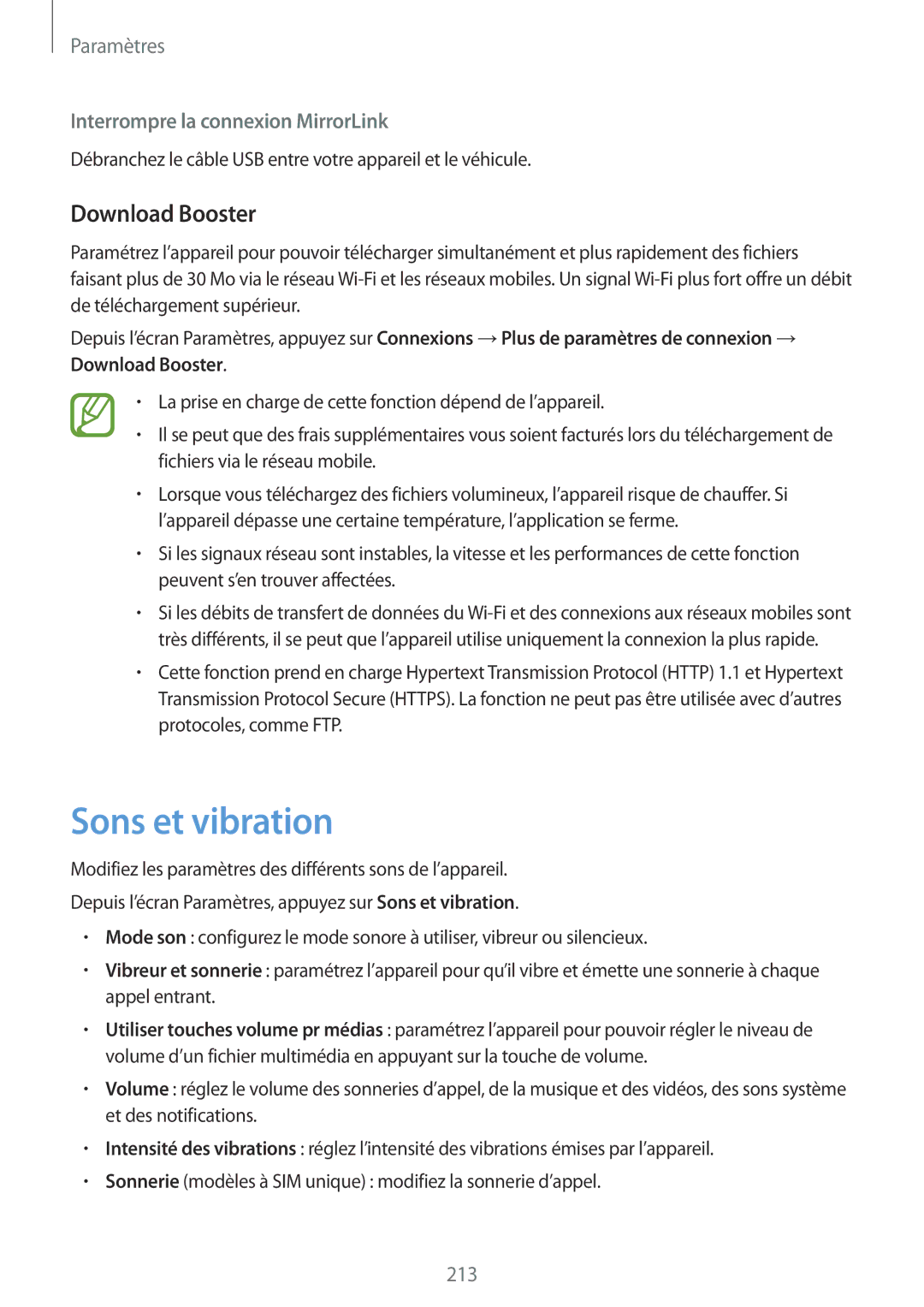 Samsung SM-N950FZDAXEF, SM-N950FZBAXEF manual Sons et vibration, Download Booster, Interrompre la connexion MirrorLink 