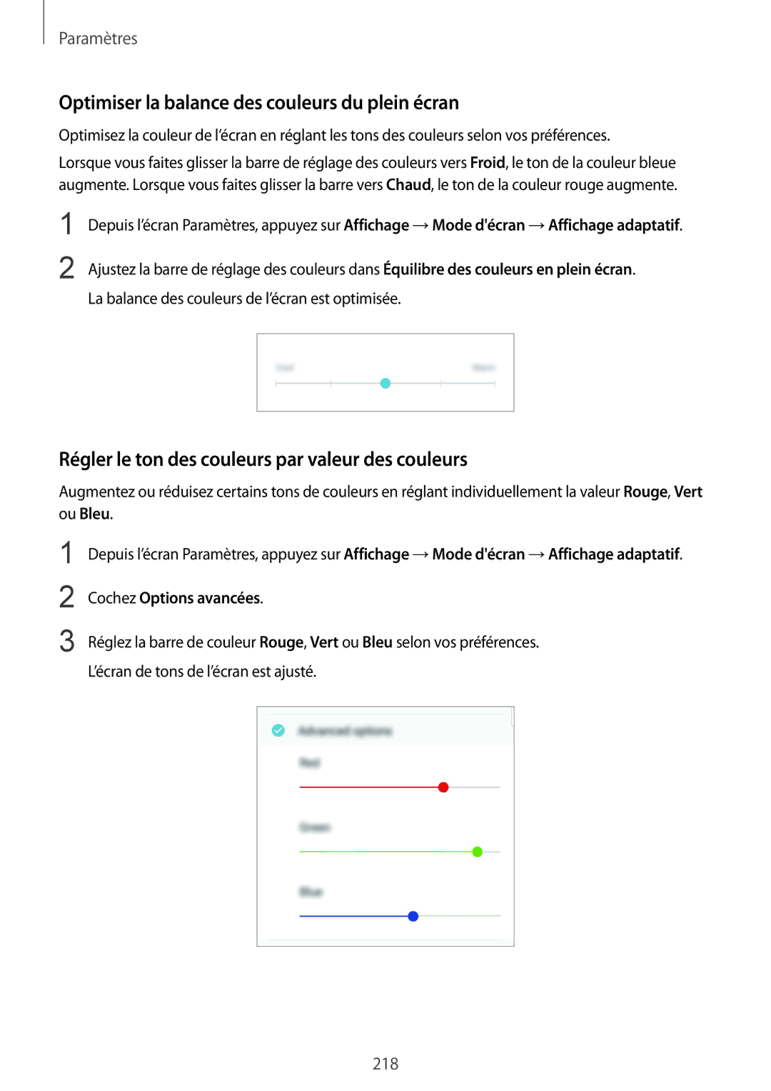 Samsung SM-N950FZKAXEF, SM-N950FZBAXEF manual Optimiser la balance des couleurs du plein écran, Cochez Options avancées 