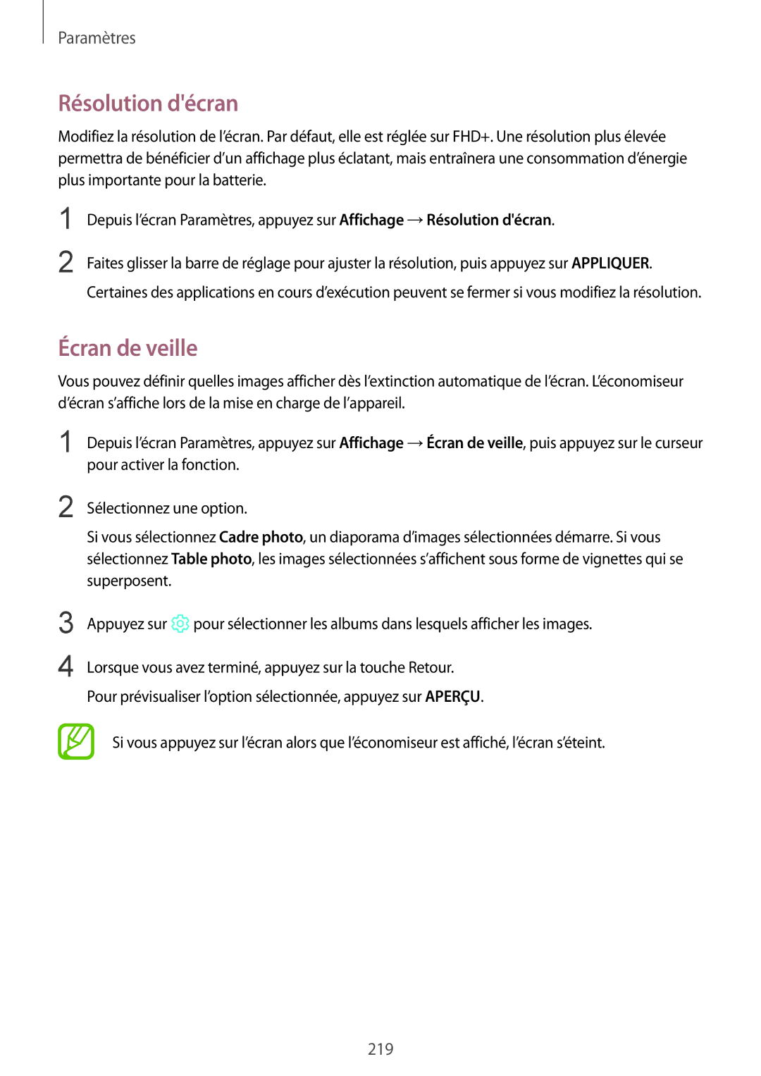 Samsung SM-N950FZKDXEF, SM-N950FZBAXEF, SM-N950FZDAXEF, SM-N950FZKAXEF manual Résolution décran, Écran de veille 