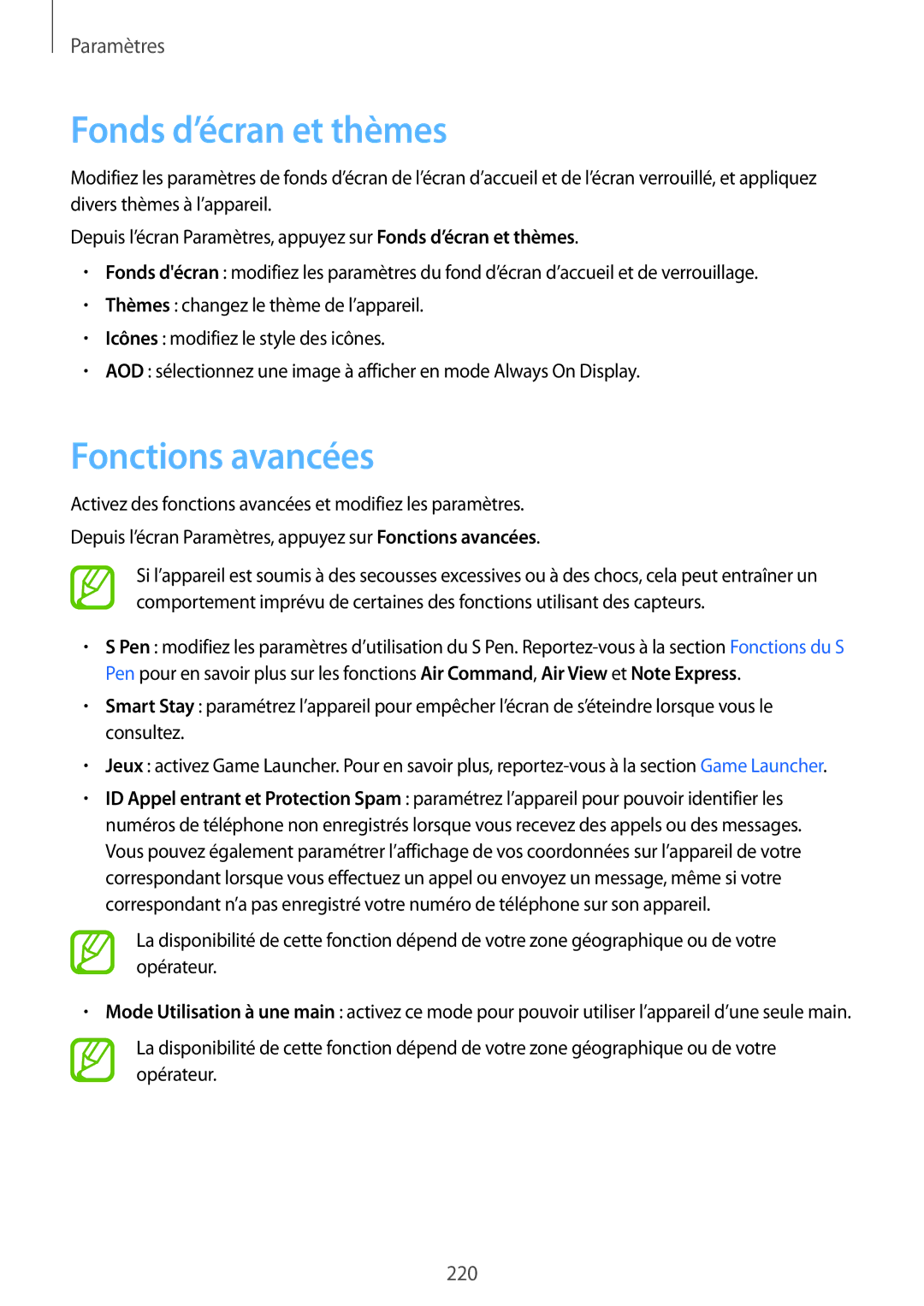 Samsung SM-N950FZBAXEF, SM-N950FZDAXEF, SM-N950FZKAXEF, SM-N950FZKDXEF manual Fonds d’écran et thèmes, Fonctions avancées 