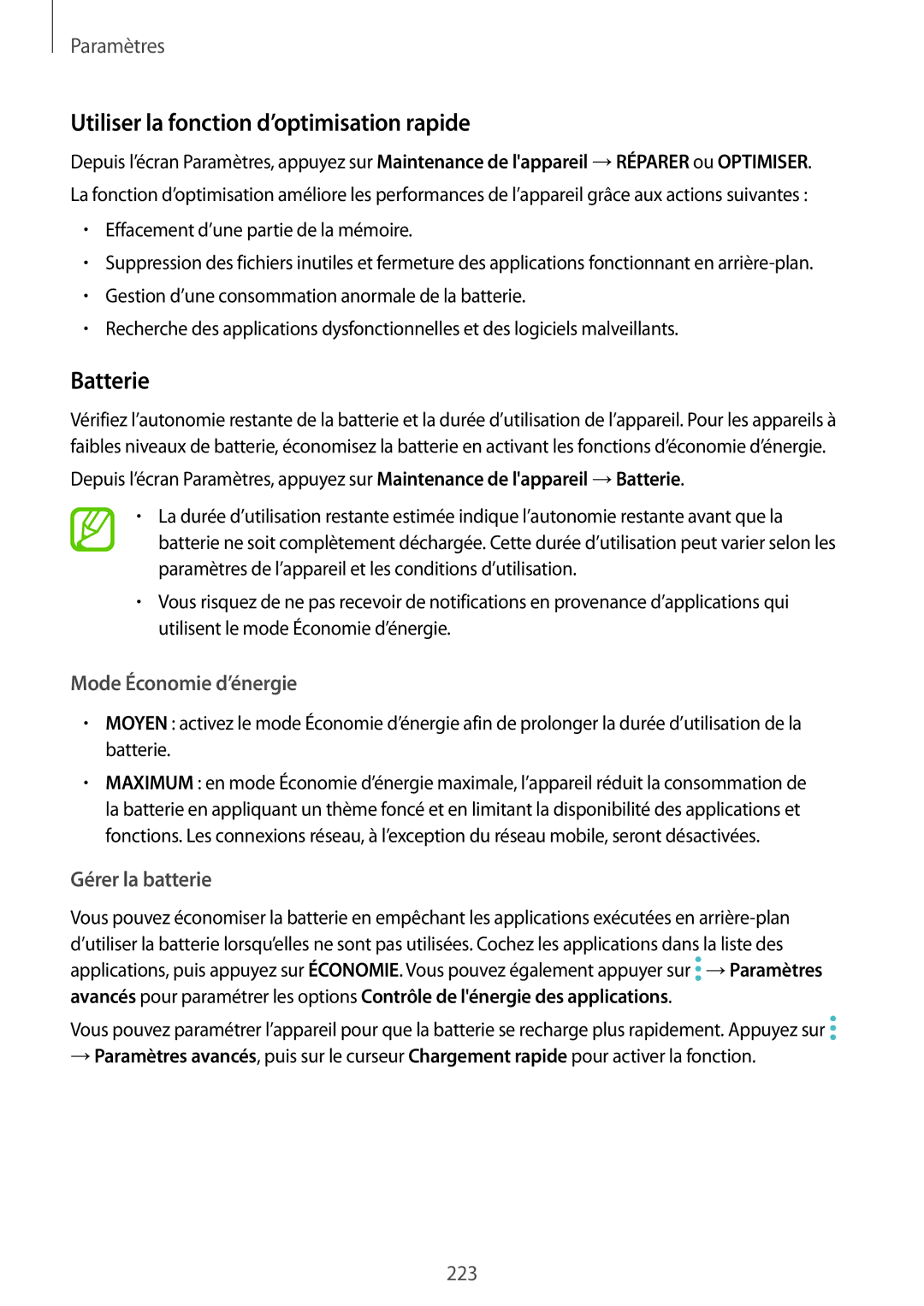 Samsung SM-N950FZKDXEF Utiliser la fonction d’optimisation rapide, Batterie, Mode Économie d’énergie, Gérer la batterie 