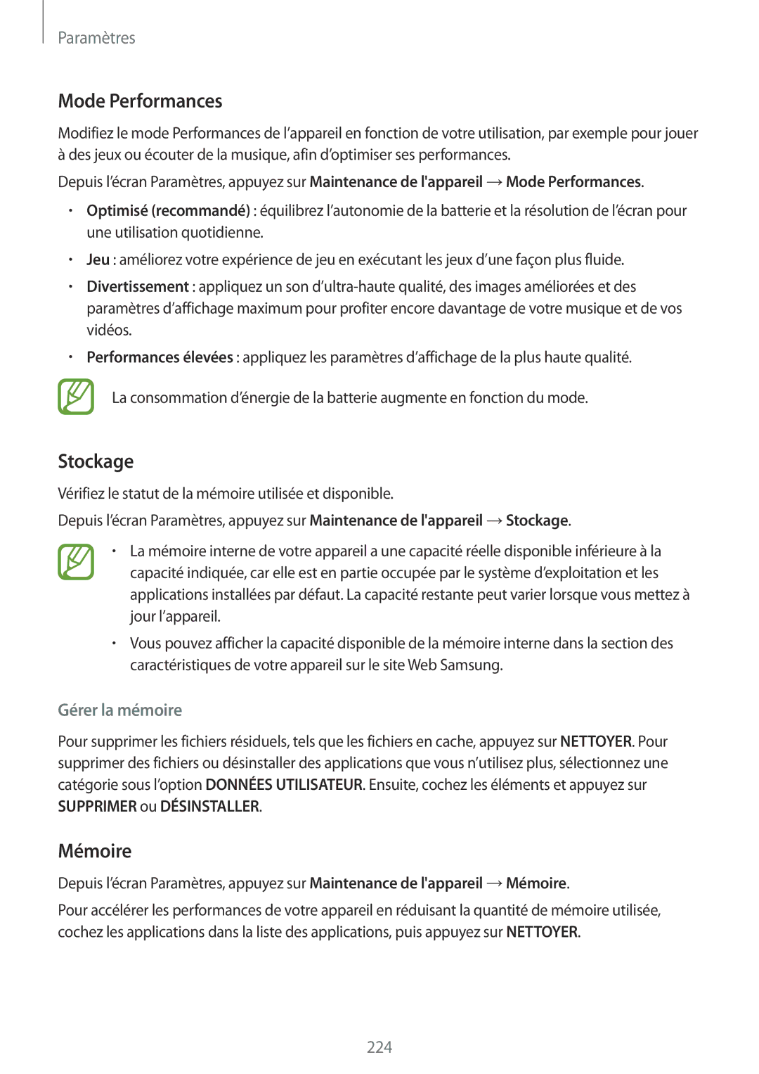 Samsung SM-N950FZBAXEF, SM-N950FZDAXEF, SM-N950FZKAXEF manual Mode Performances, Stockage, Mémoire, Gérer la mémoire 