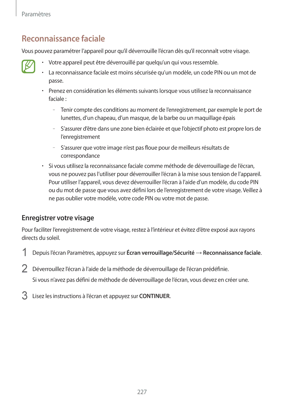 Samsung SM-N950FZKDXEF, SM-N950FZBAXEF, SM-N950FZDAXEF, SM-N950FZKAXEF manual Reconnaissance faciale, Enregistrer votre visage 