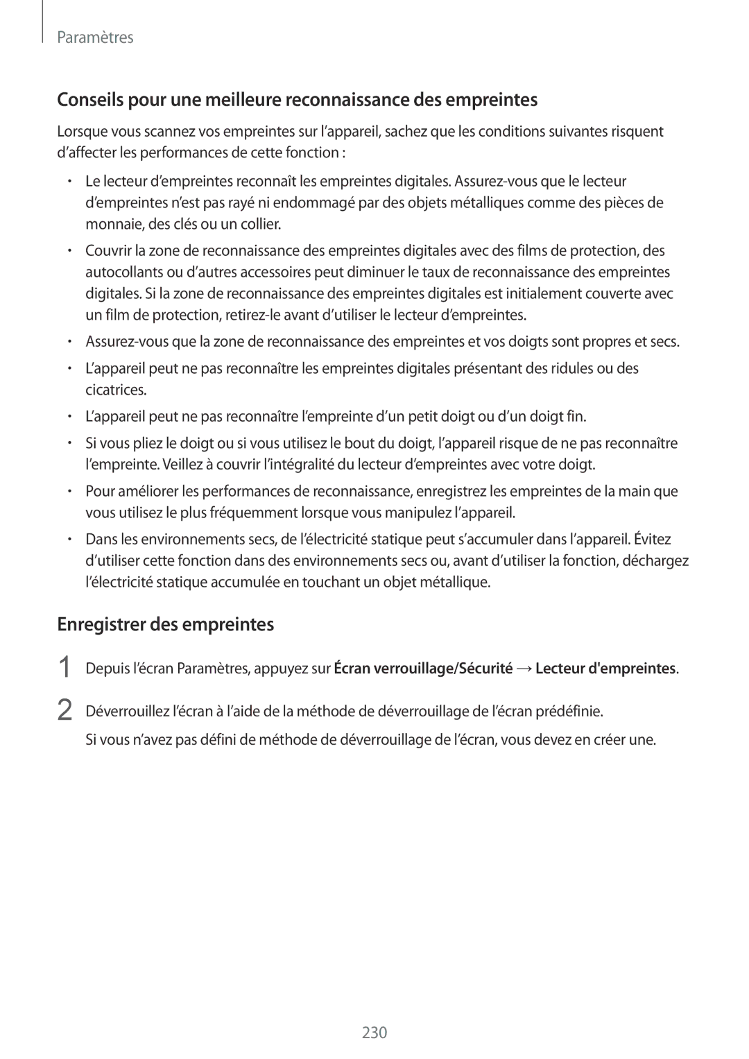 Samsung SM-N950FZKAXEF manual Conseils pour une meilleure reconnaissance des empreintes, Enregistrer des empreintes 