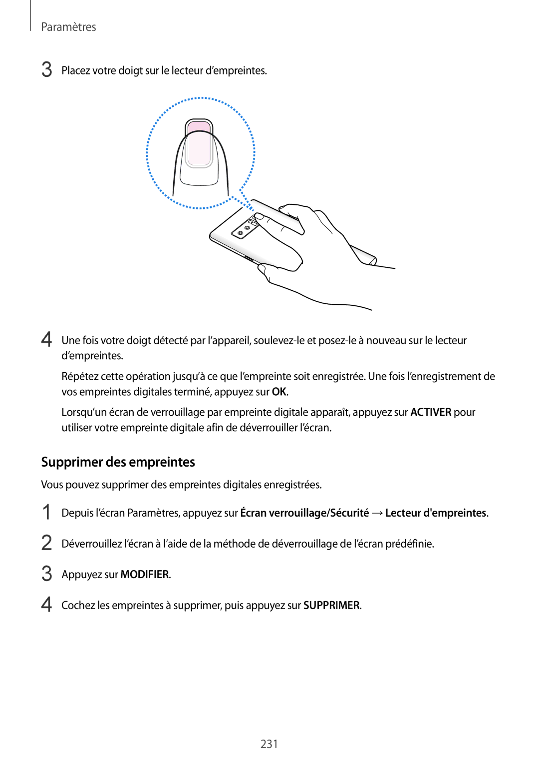 Samsung SM-N950FZKDXEF, SM-N950FZBAXEF, SM-N950FZDAXEF, SM-N950FZKAXEF manual Supprimer des empreintes 