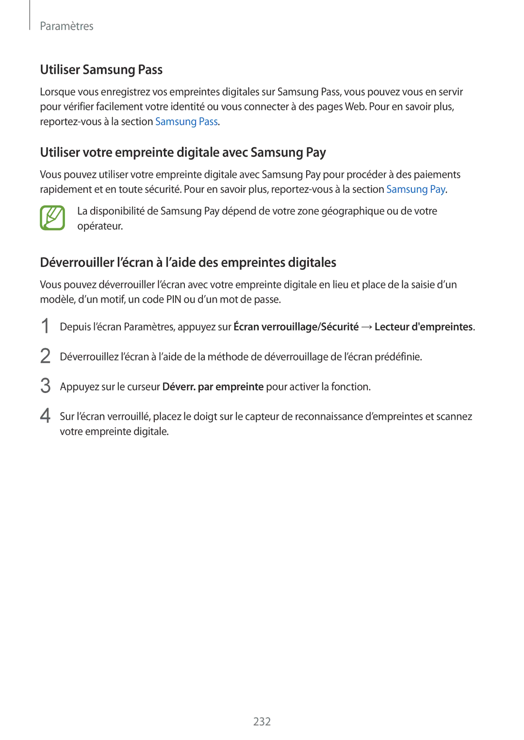 Samsung SM-N950FZBAXEF, SM-N950FZDAXEF manual Utiliser Samsung Pass, Utiliser votre empreinte digitale avec Samsung Pay 