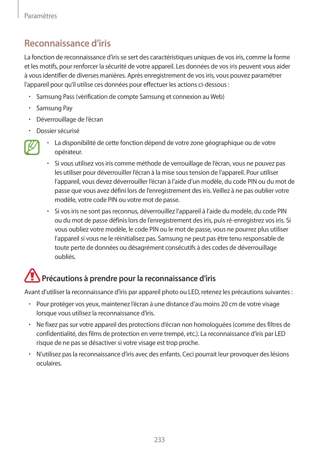 Samsung SM-N950FZDAXEF, SM-N950FZBAXEF manual Reconnaissance d’iris, Précautions à prendre pour la reconnaissance d’iris 