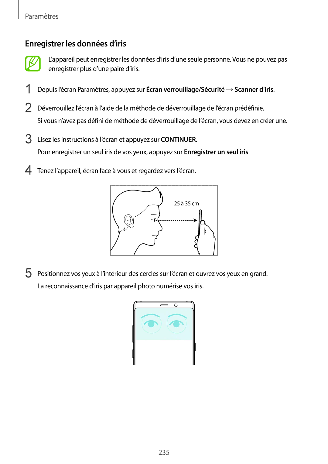 Samsung SM-N950FZKDXEF, SM-N950FZBAXEF, SM-N950FZDAXEF, SM-N950FZKAXEF manual Enregistrer les données d’iris 