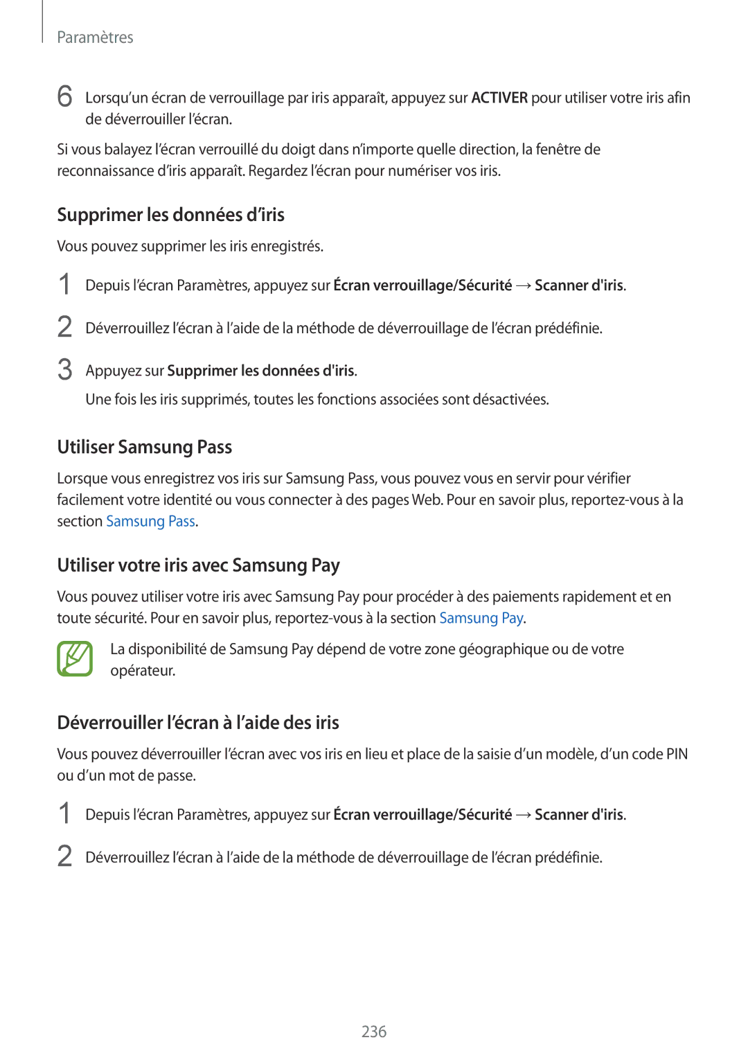 Samsung SM-N950FZBAXEF, SM-N950FZDAXEF, SM-N950FZKAXEF Supprimer les données d’iris, Utiliser votre iris avec Samsung Pay 