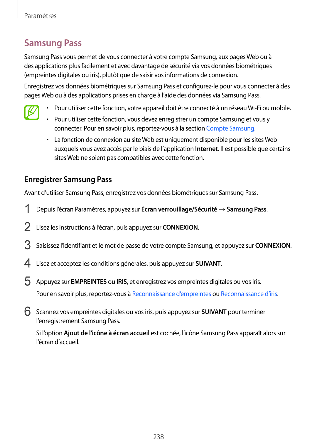 Samsung SM-N950FZKAXEF, SM-N950FZBAXEF, SM-N950FZDAXEF, SM-N950FZKDXEF manual Enregistrer Samsung Pass 