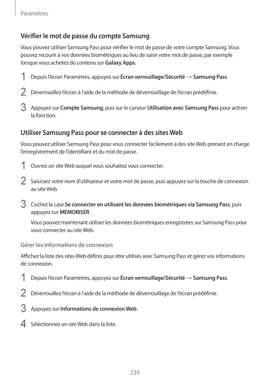 Samsung SM-N950FZKDXEF Vérifier le mot de passe du compte Samsung, Utiliser Samsung Pass pour se connecter à des sites Web 
