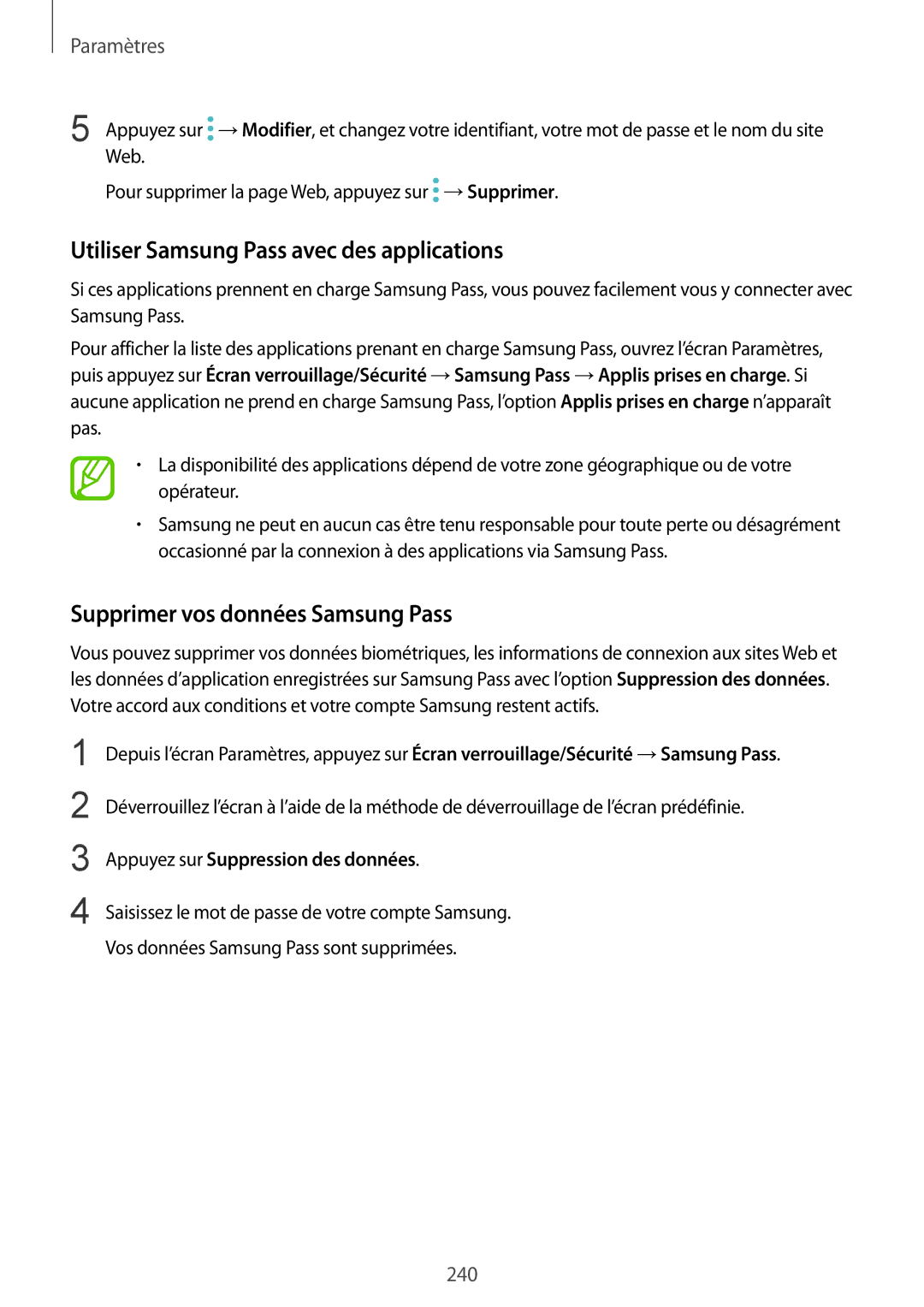 Samsung SM-N950FZBAXEF, SM-N950FZDAXEF Utiliser Samsung Pass avec des applications, Supprimer vos données Samsung Pass 