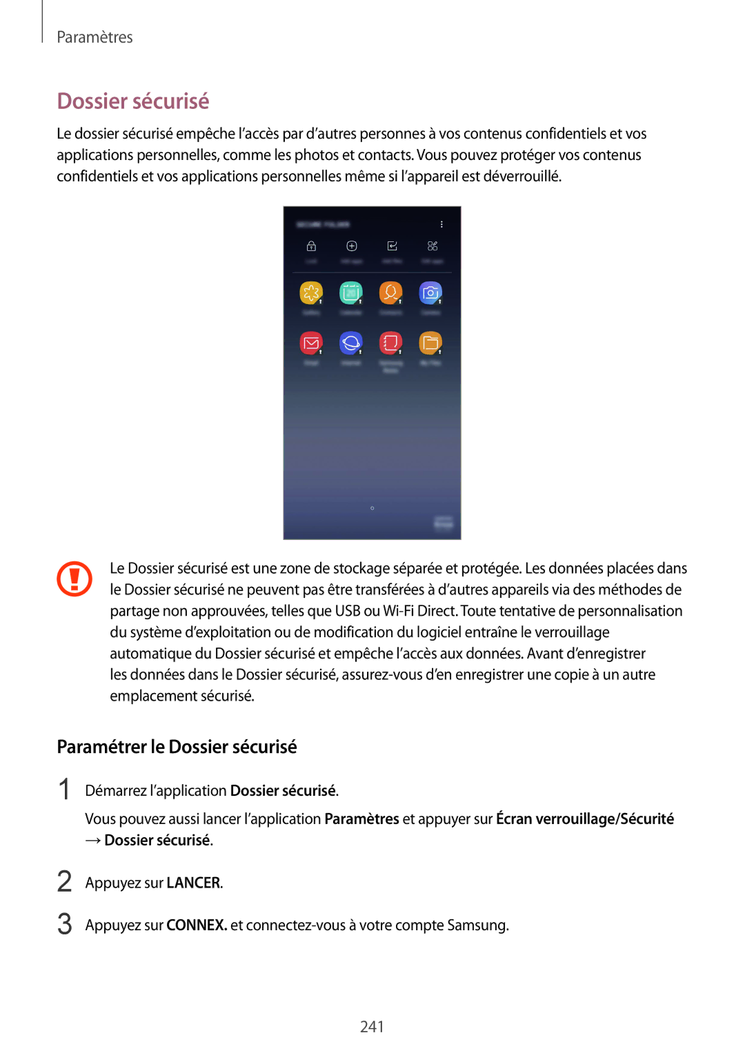 Samsung SM-N950FZDAXEF, SM-N950FZBAXEF, SM-N950FZKAXEF manual Paramétrer le Dossier sécurisé, → Dossier sécurisé 
