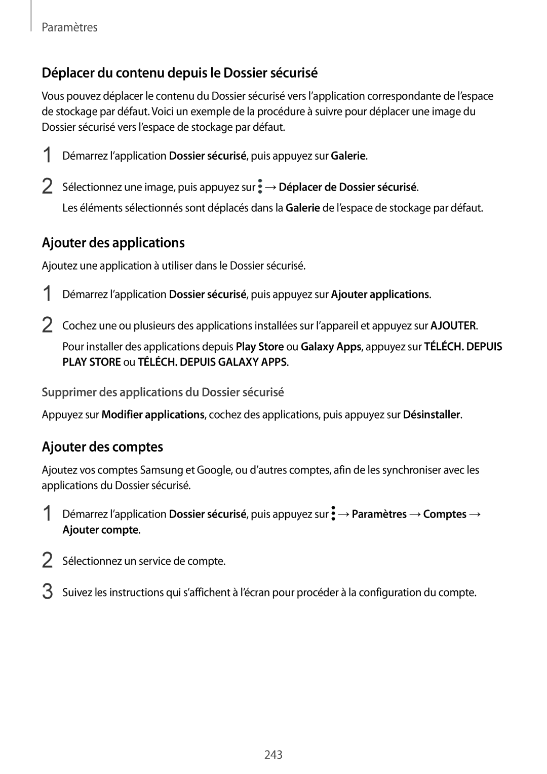 Samsung SM-N950FZKDXEF manual Déplacer du contenu depuis le Dossier sécurisé, Ajouter des applications, Ajouter des comptes 