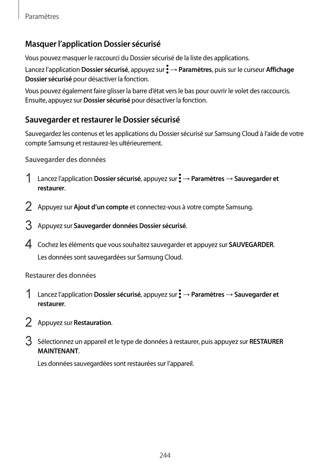 Samsung SM-N950FZBAXEF manual Masquer l’application Dossier sécurisé, Sauvegarder et restaurer le Dossier sécurisé 