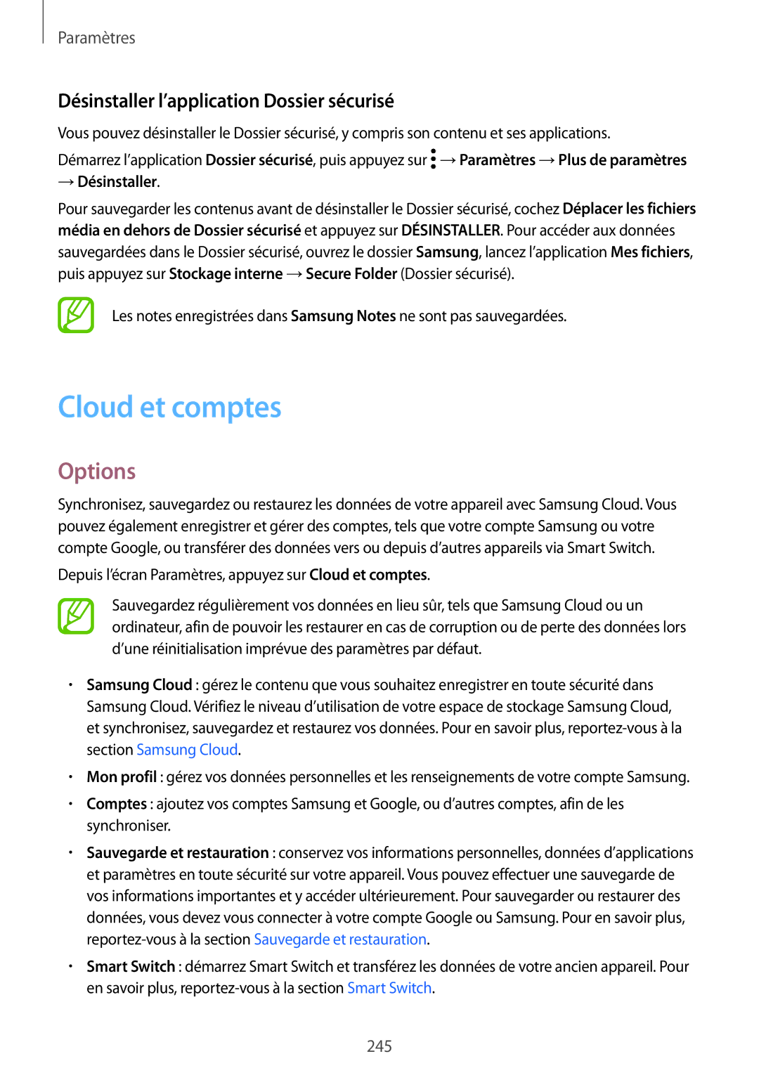 Samsung SM-N950FZDAXEF, SM-N950FZBAXEF, SM-N950FZKAXEF manual Cloud et comptes, Désinstaller l’application Dossier sécurisé 