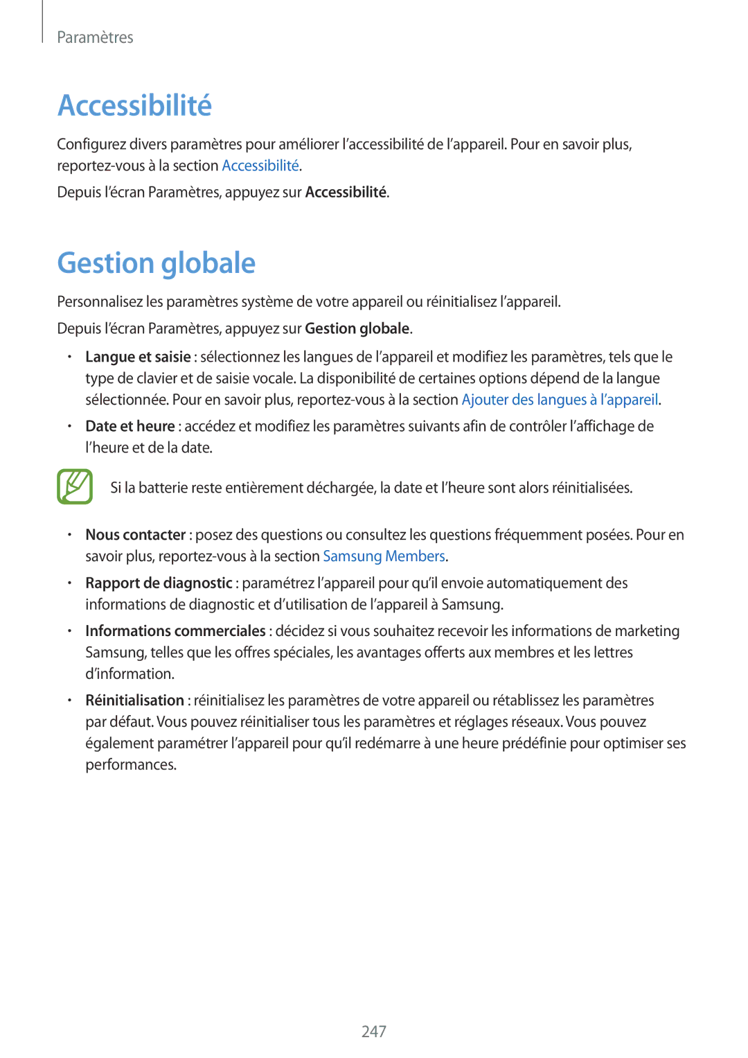 Samsung SM-N950FZKDXEF, SM-N950FZBAXEF, SM-N950FZDAXEF, SM-N950FZKAXEF manual Accessibilité, Gestion globale 