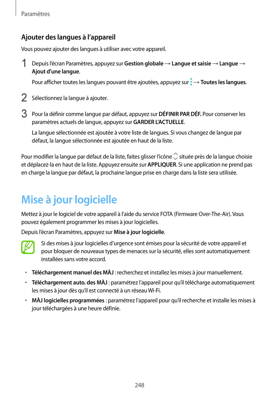 Samsung SM-N950FZBAXEF, SM-N950FZDAXEF, SM-N950FZKAXEF manual Mise à jour logicielle, Ajouter des langues à l’appareil 