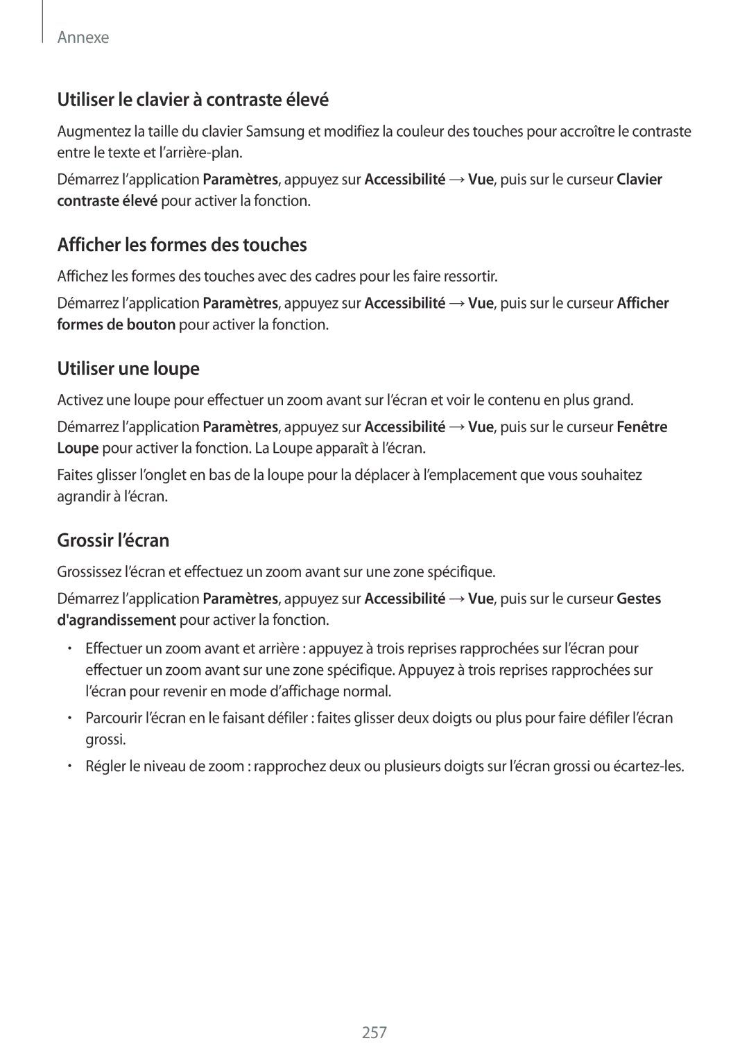 Samsung SM-N950FZDAXEF manual Utiliser le clavier à contraste élevé, Afficher les formes des touches, Utiliser une loupe 