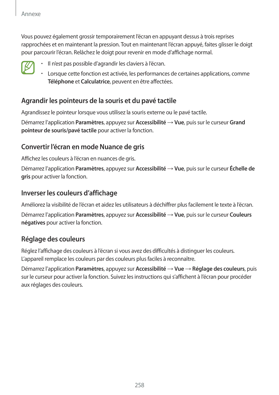 Samsung SM-N950FZKAXEF Agrandir les pointeurs de la souris et du pavé tactile, Convertir l’écran en mode Nuance de gris 