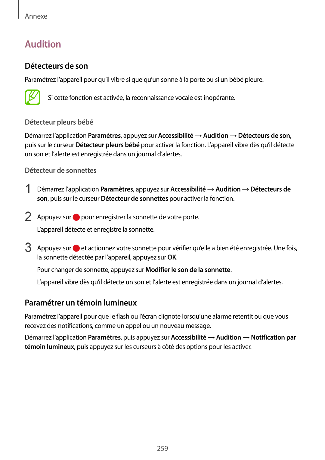 Samsung SM-N950FZKDXEF, SM-N950FZBAXEF Audition, Détecteurs de son, Paramétrer un témoin lumineux, Détecteur pleurs bébé 